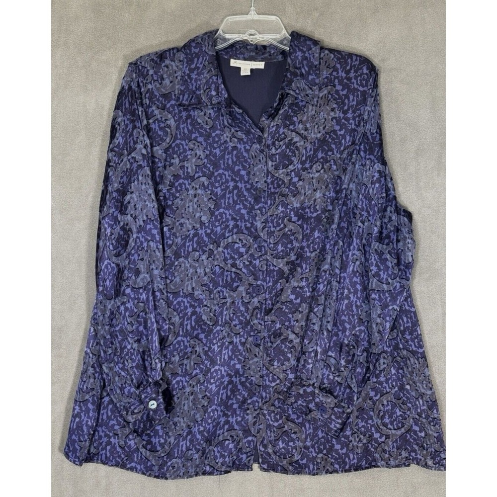 JM Collection Woman Blouse 18W Navy Blue Burnout Damask Button Front Long Sleeve